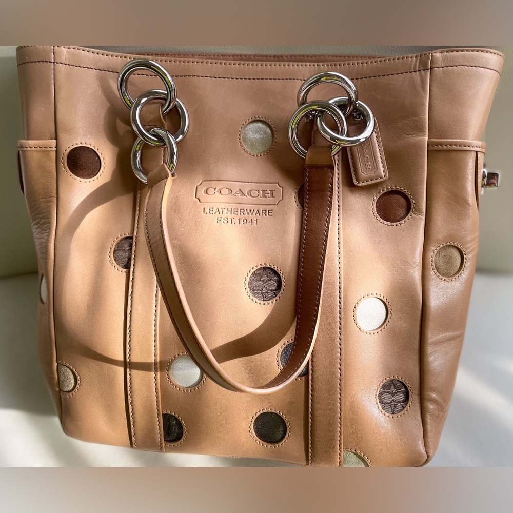 Coach Limited Edition Polka Dot Tan and Multicolor Lunch Gallery Leather Tote